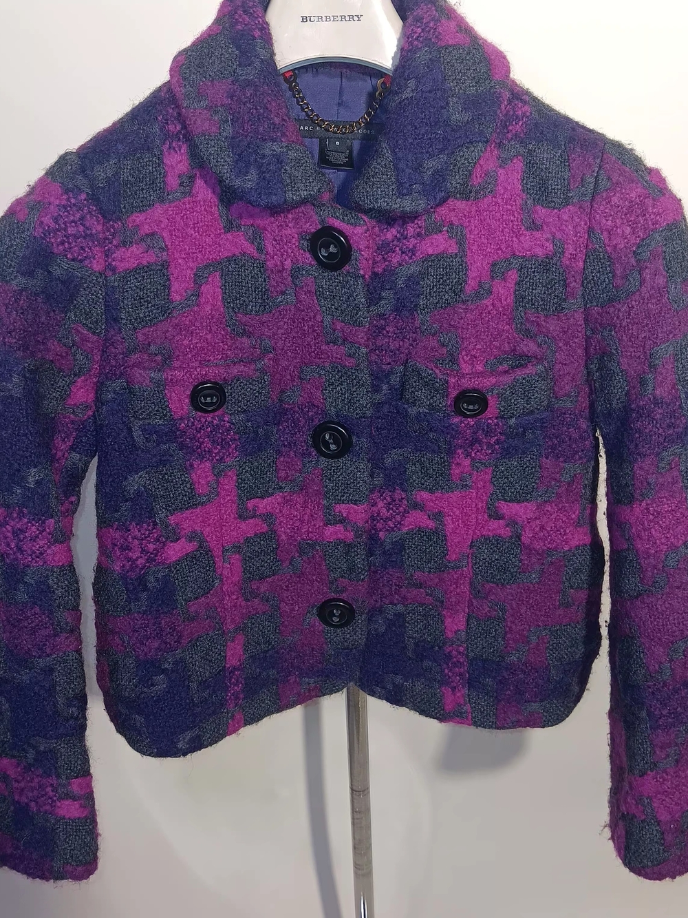 Marc By Marc Jacobs Pink Purple & Gray Patterned Wool-Blend Cropped Jacket